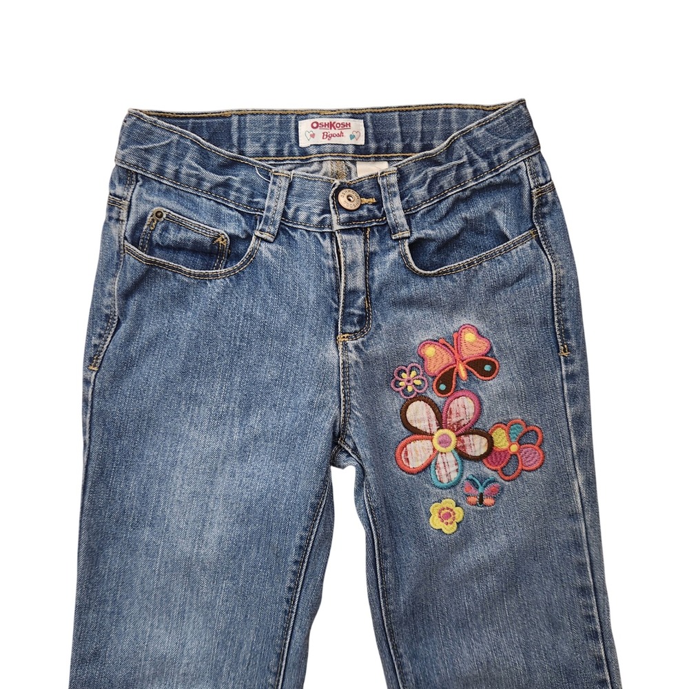 OshKosh Bgosh Girls Blue Denim Flare Jeans Butterfly Flower Embroidered Size 8